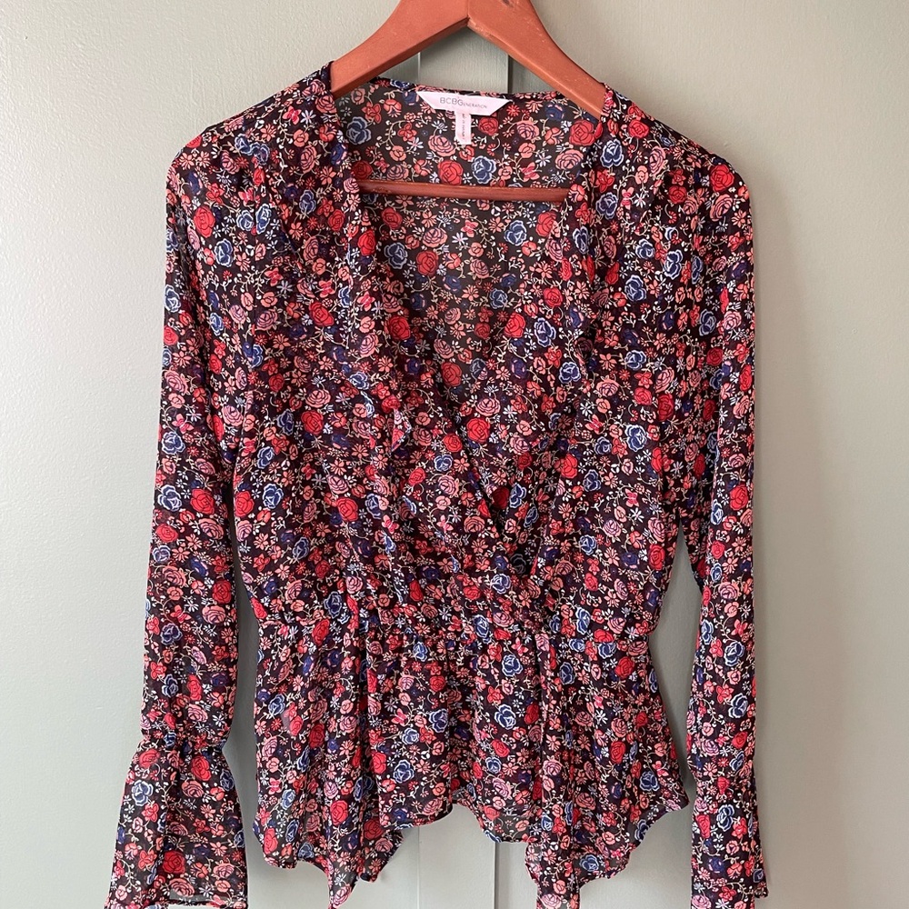 BCBGeneration Floral Wrap Blouse - Red and Blue